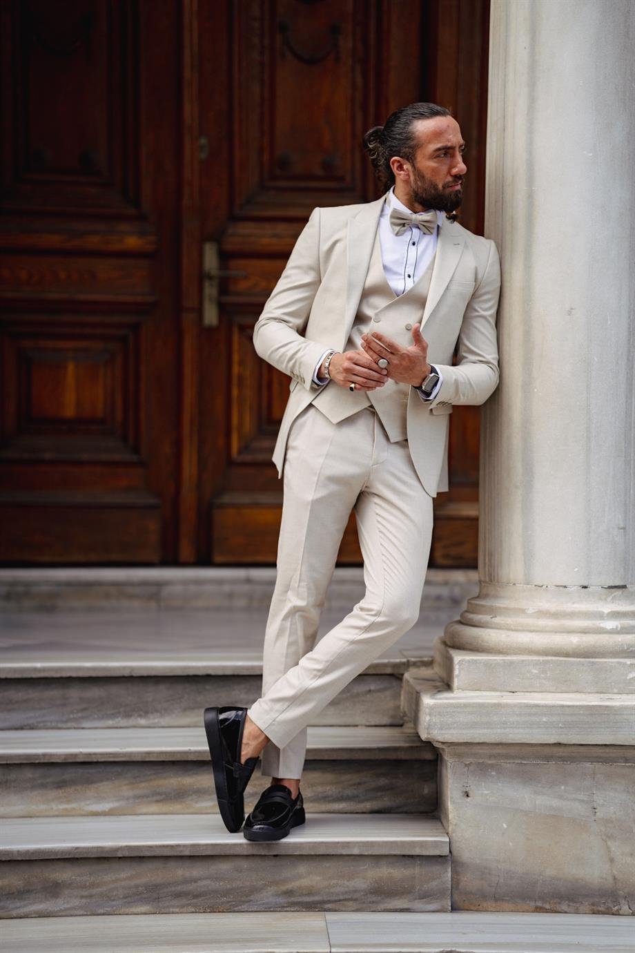Beige Linen Fabric Wedding Suit