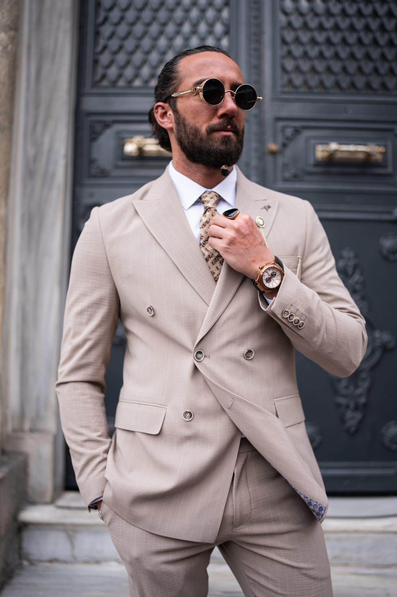 Beige Striped Double Breasted Slim Fit Suits