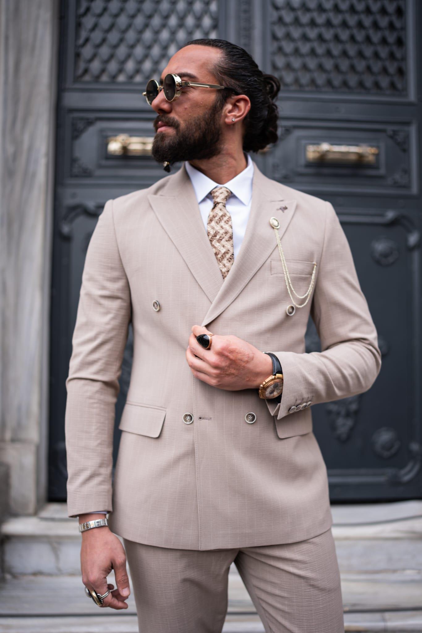 Beige Striped Double Breasted Slim Fit Suits