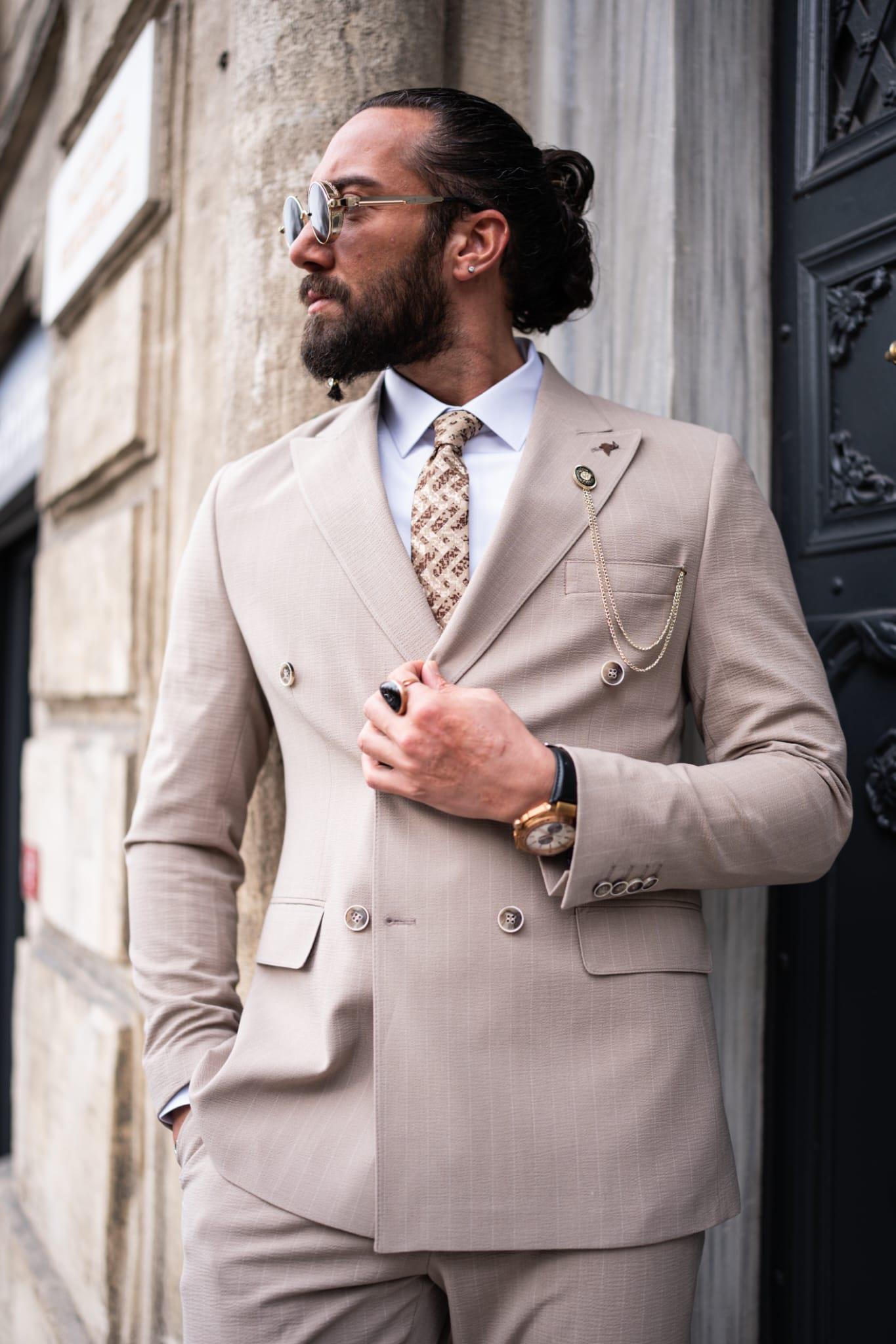 Beige Striped Double Breasted Slim Fit Suits