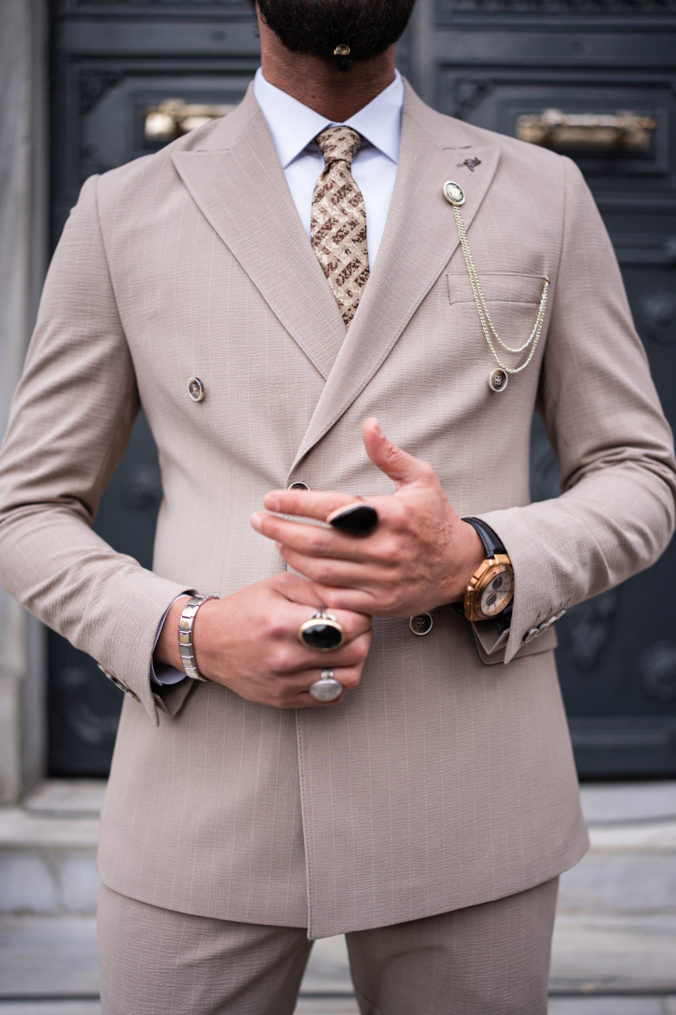 Beige Striped Double Breasted Slim Fit Suits