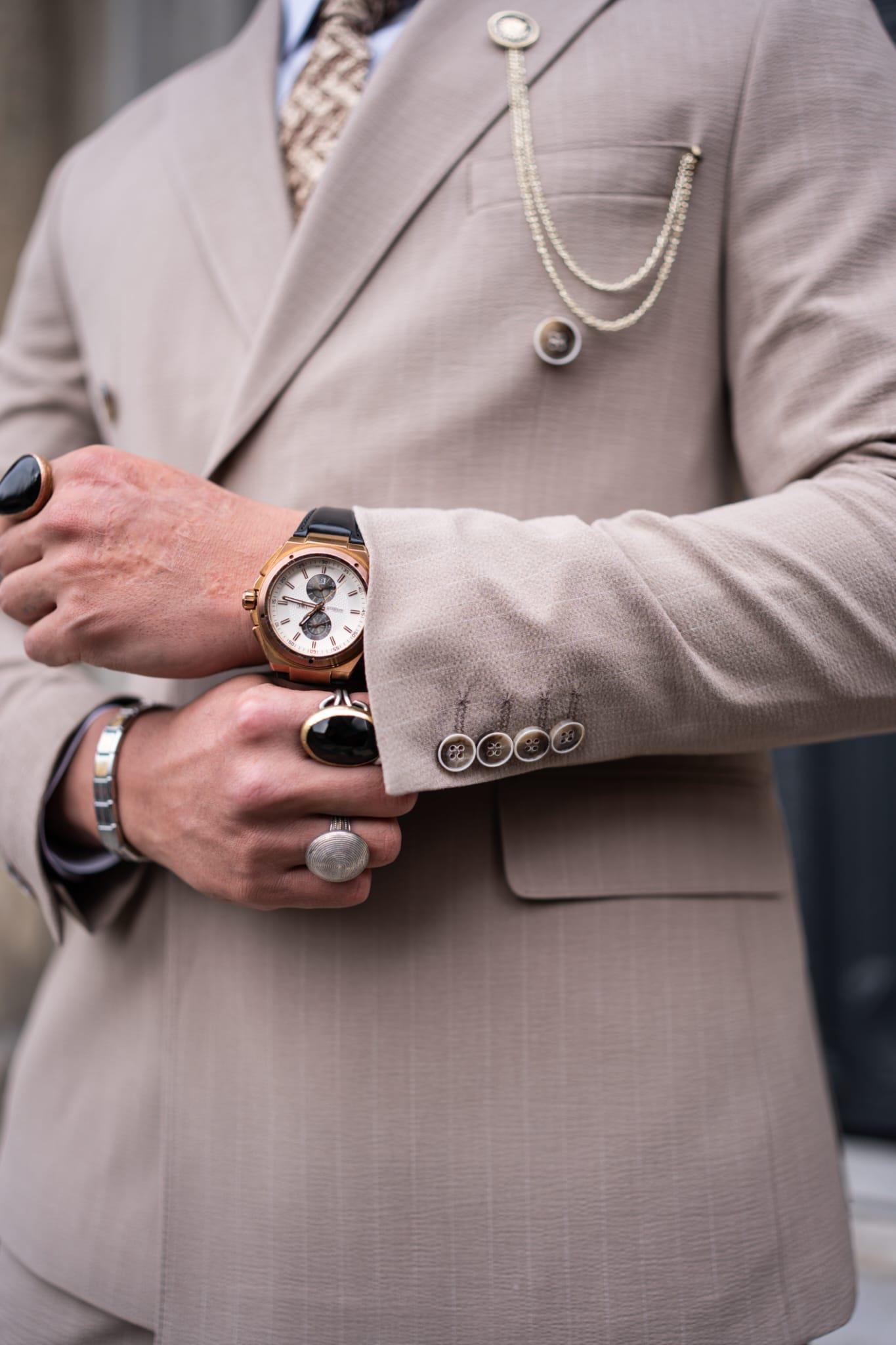 Beige Striped Double Breasted Slim Fit Suits