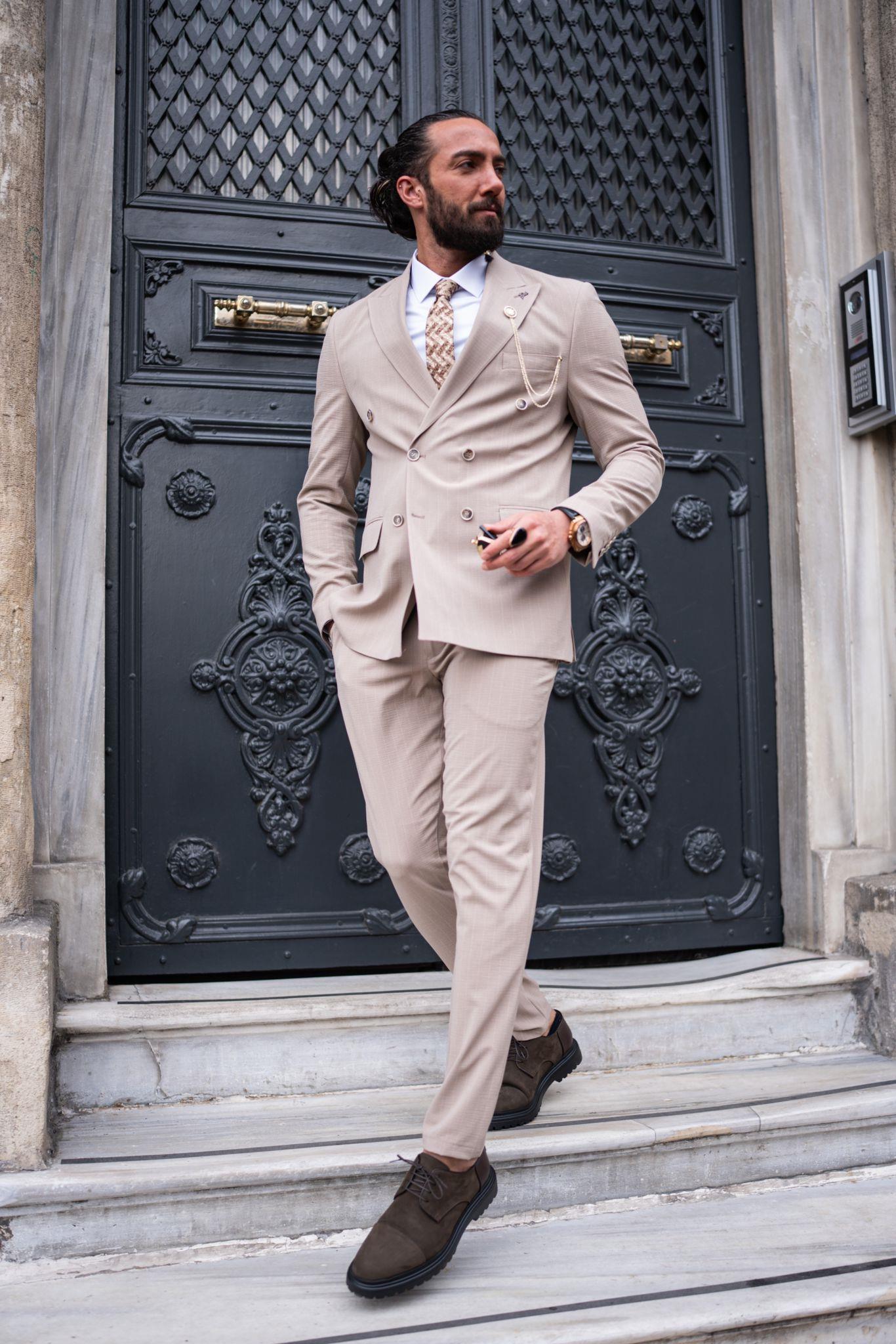 Beige Striped Double Breasted Slim Fit Suits