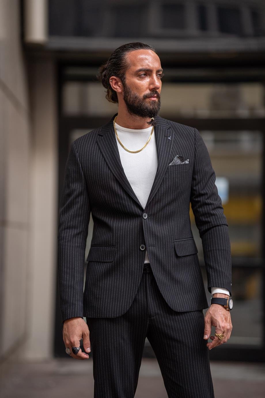 Black Striped Slim Fit Mono Collar Suit