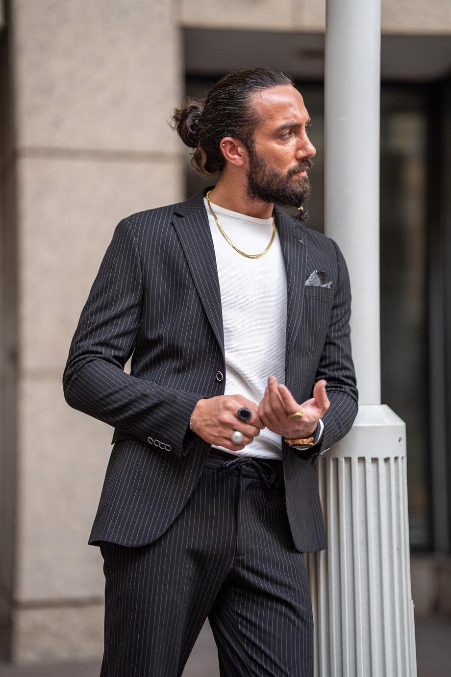 Black Striped Slim Fit Mono Collar Suit