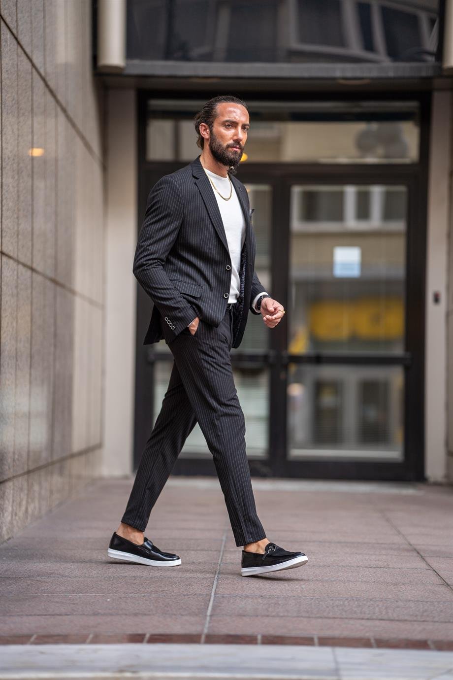 Black Striped Slim Fit Mono Collar Suit