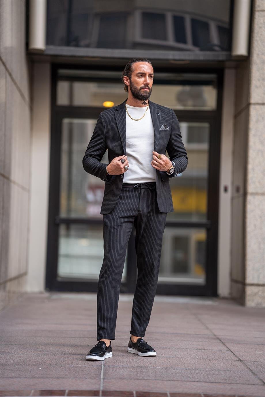 Black Striped Slim Fit Mono Collar Suit