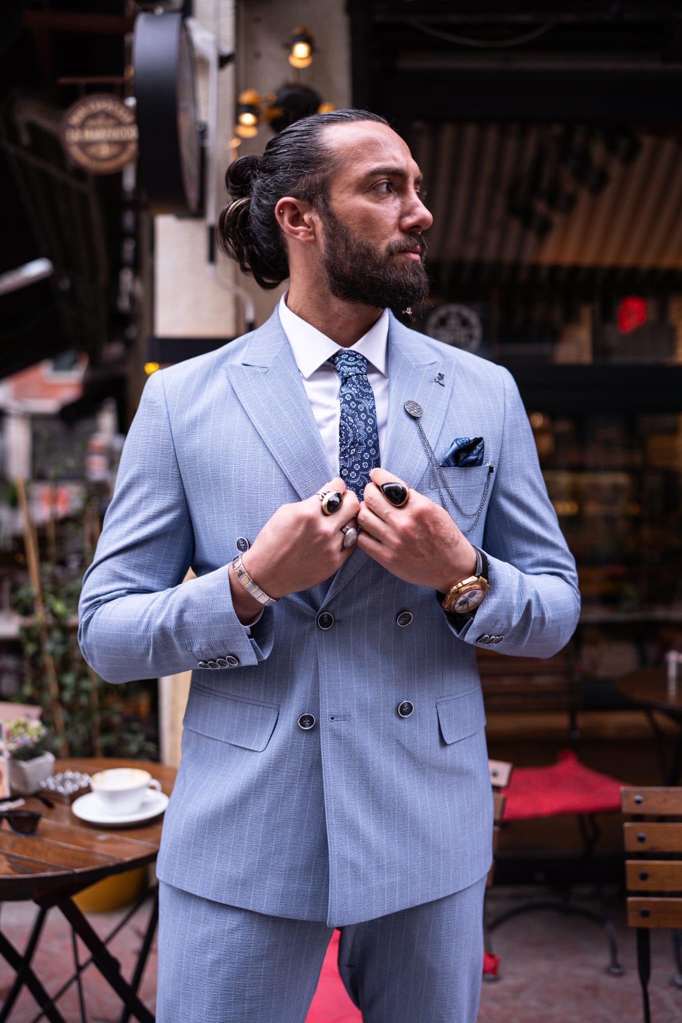 Blue Striped Double Breasted Slim Fit Suits