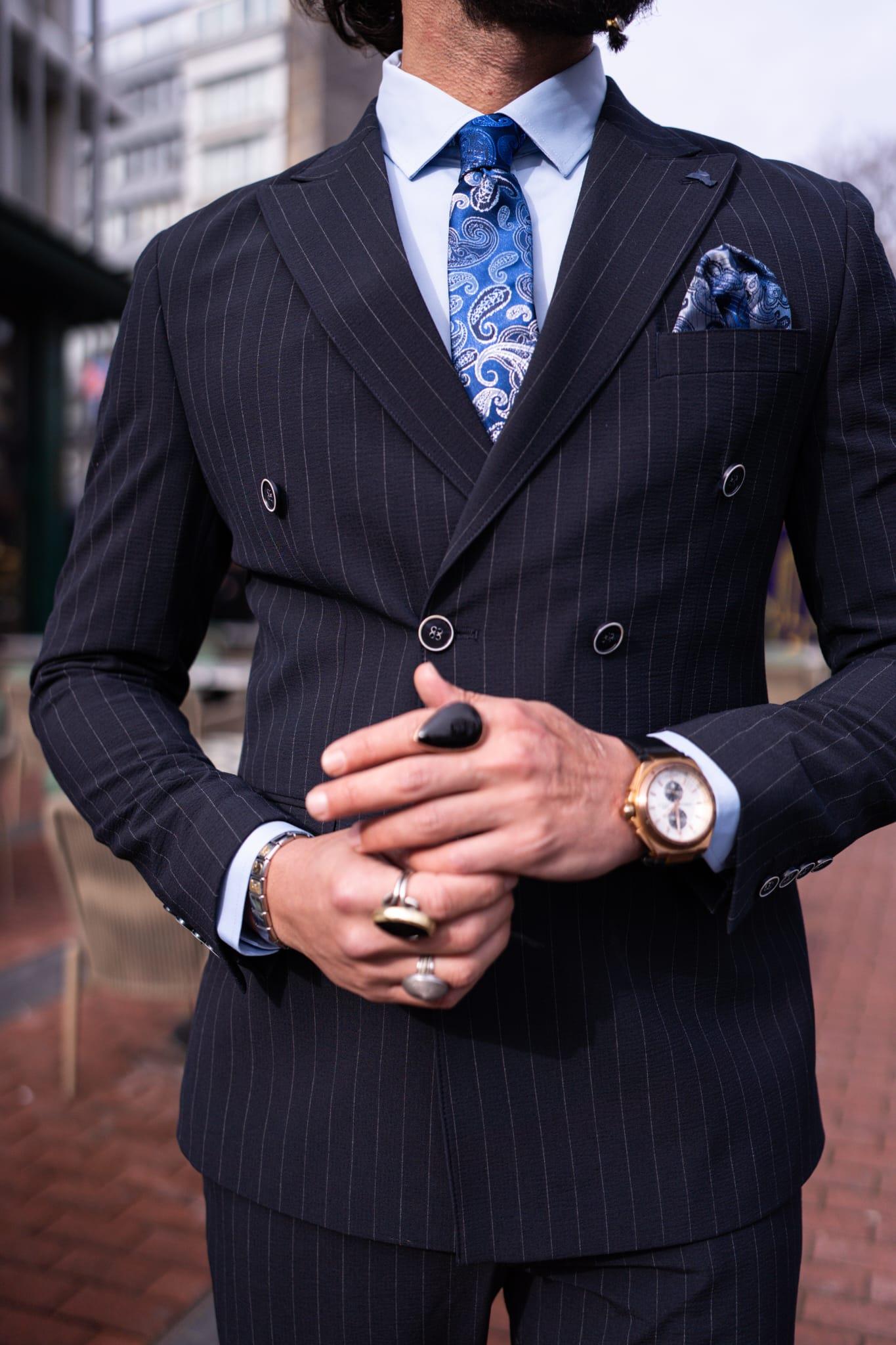 Navy Blue Striped Double Breasted Slim Fit Suits