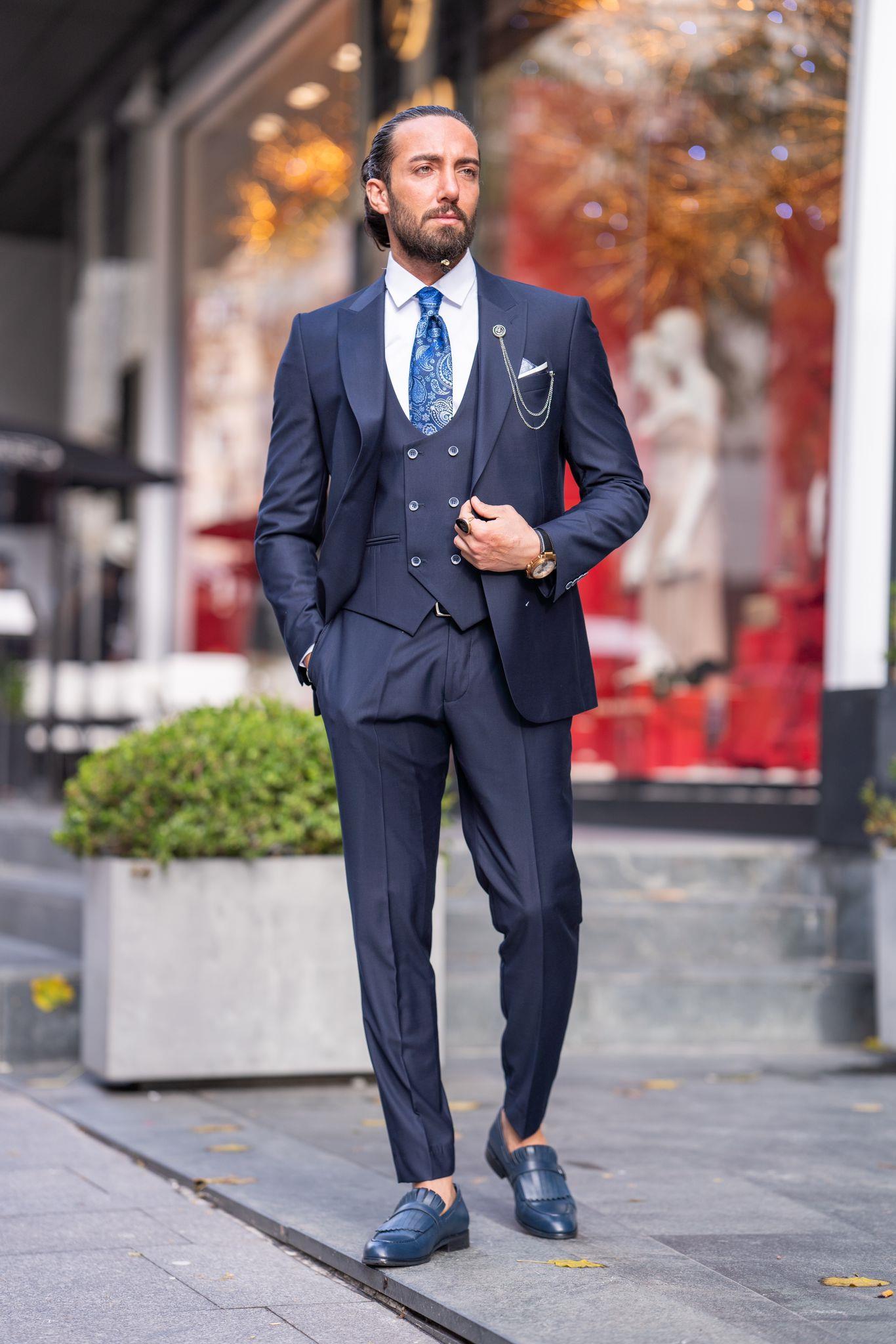 Navy Blue 3 Piece Mono Collar Suit