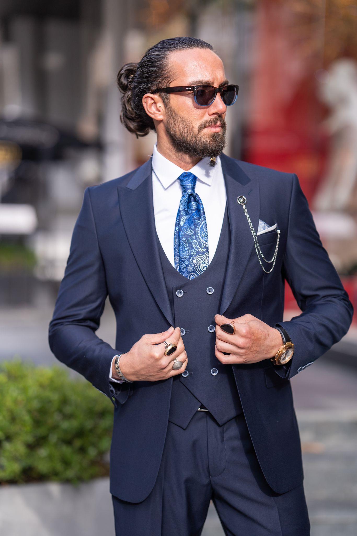 Navy Blue 3 Piece Mono Collar Suit