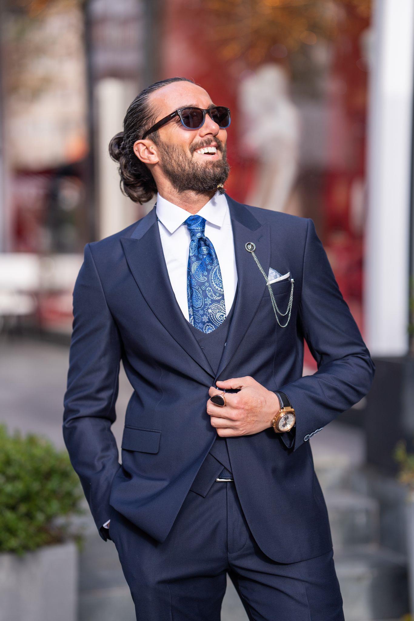 Navy Blue 3 Piece Mono Collar Suit