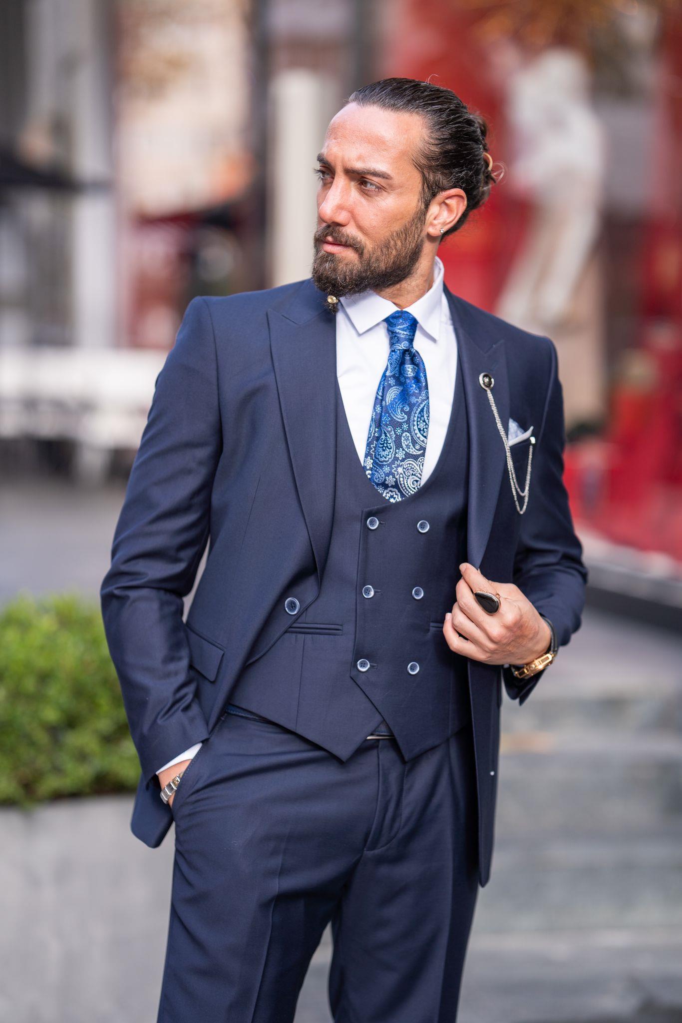 Navy Blue 3 Piece Mono Collar Suit