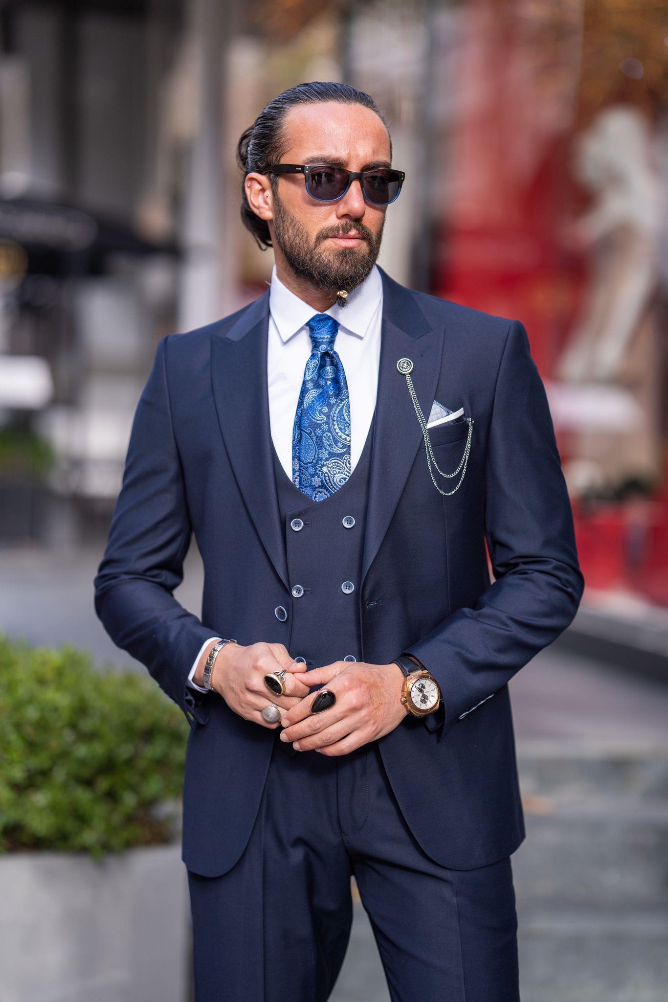 Navy Blue 3 Piece Mono Collar Suit