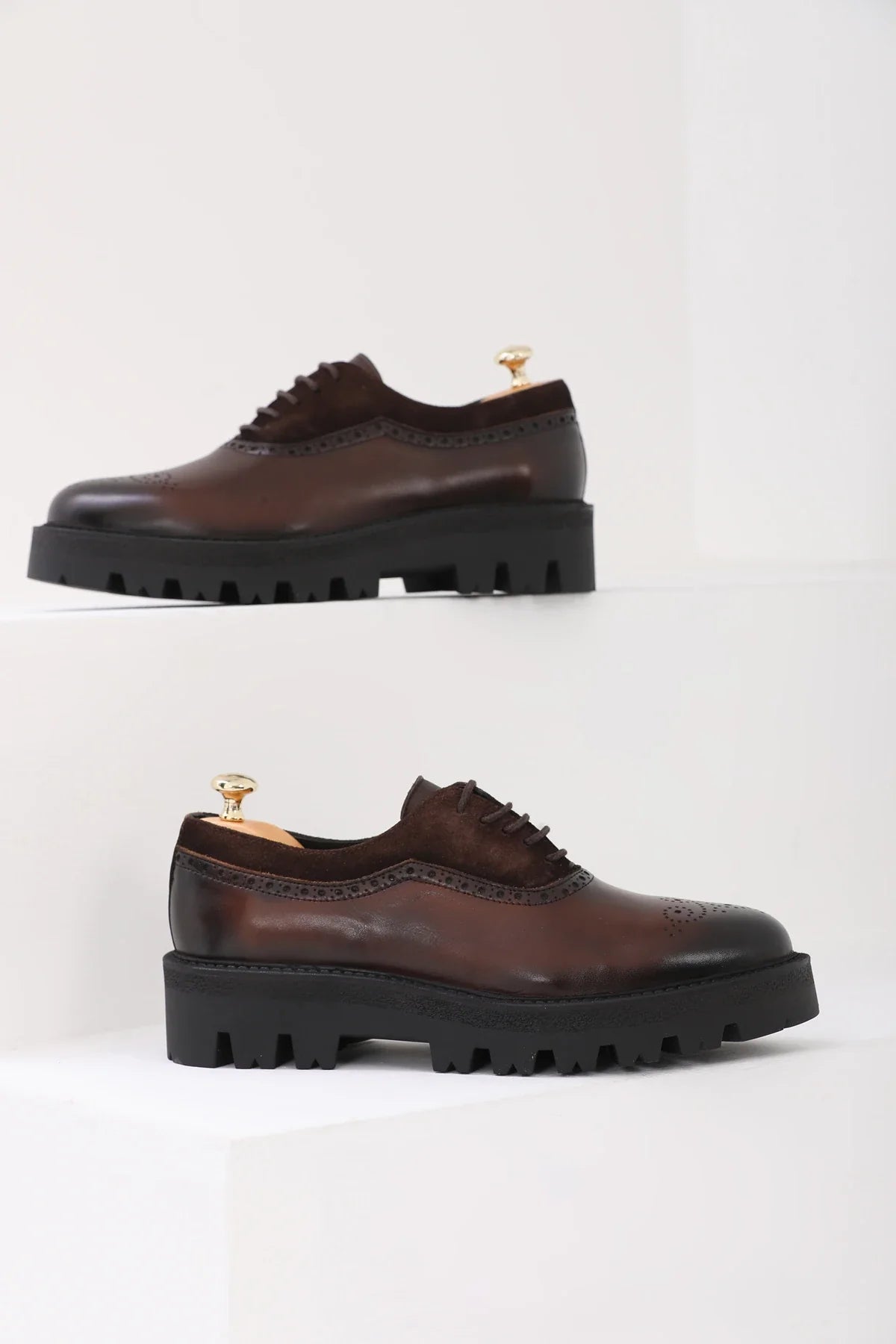Brown Suede And Plan Toe Brogue Chunky Shoes