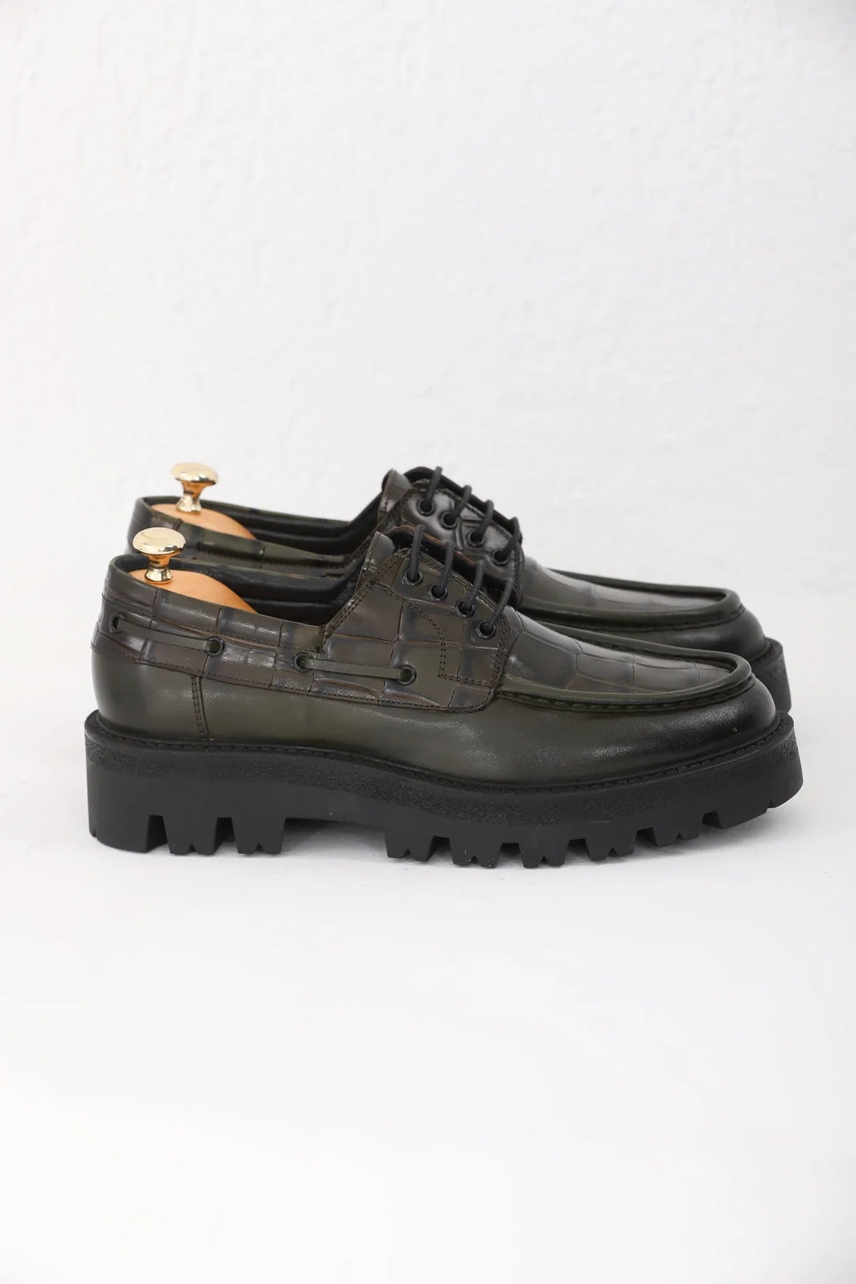Olive Green Croc Derby Chunky Shoes