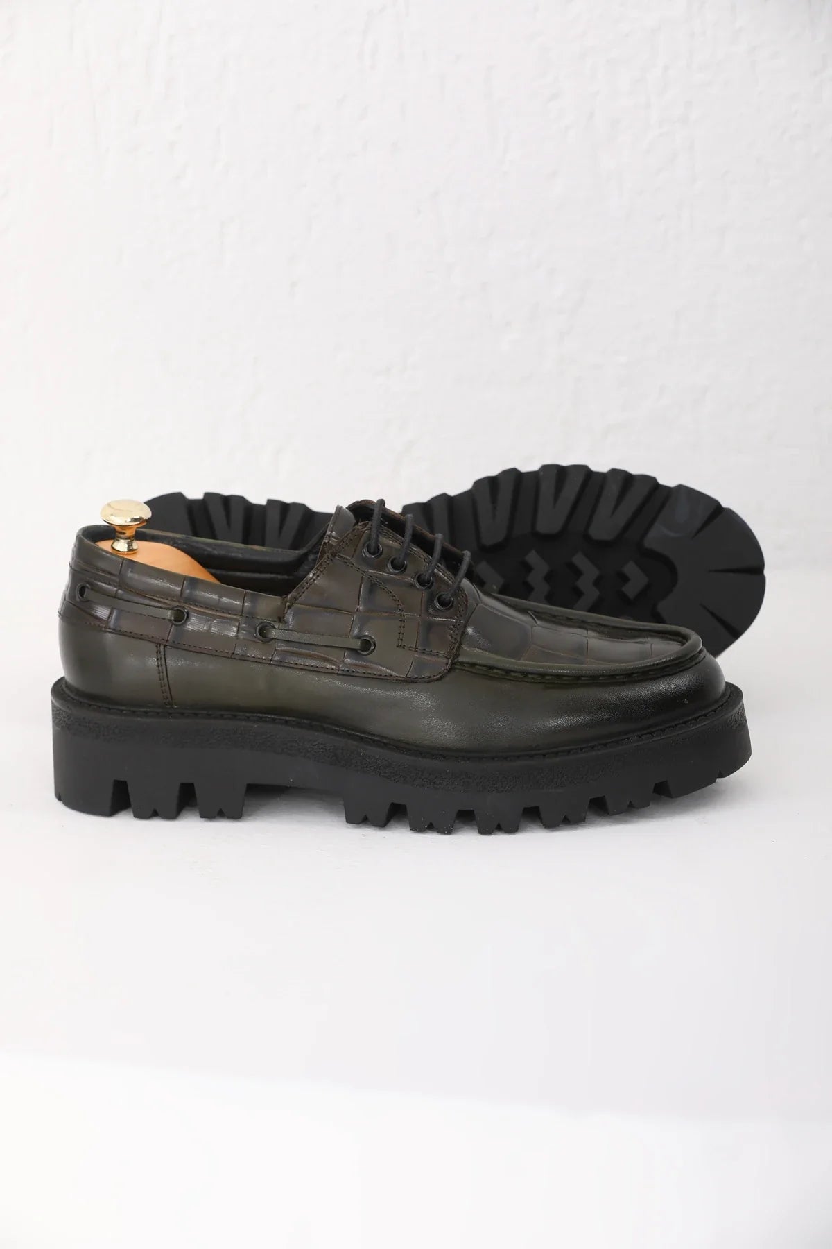 Olive Green Croc Derby Chunky Shoes