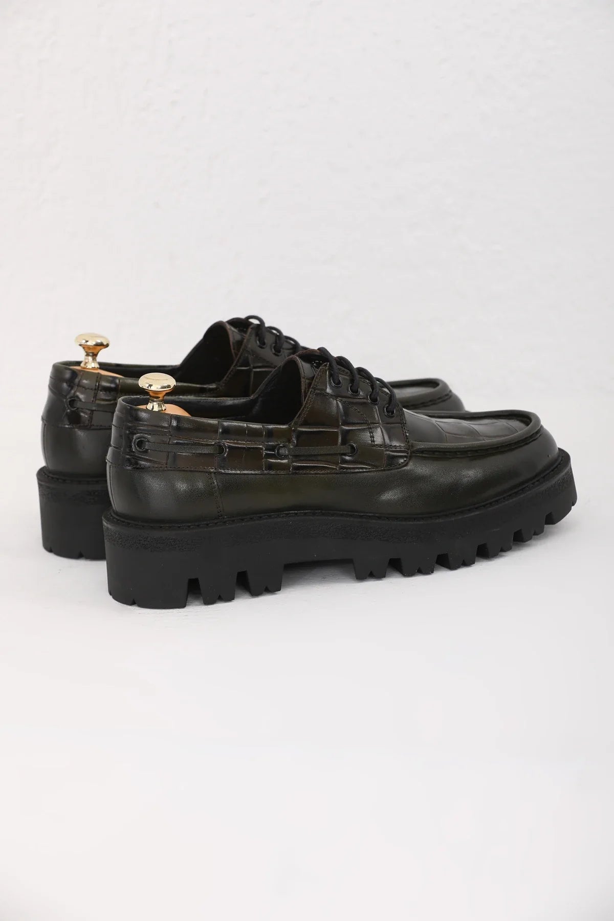 Olive Green Croc Derby Chunky Shoes