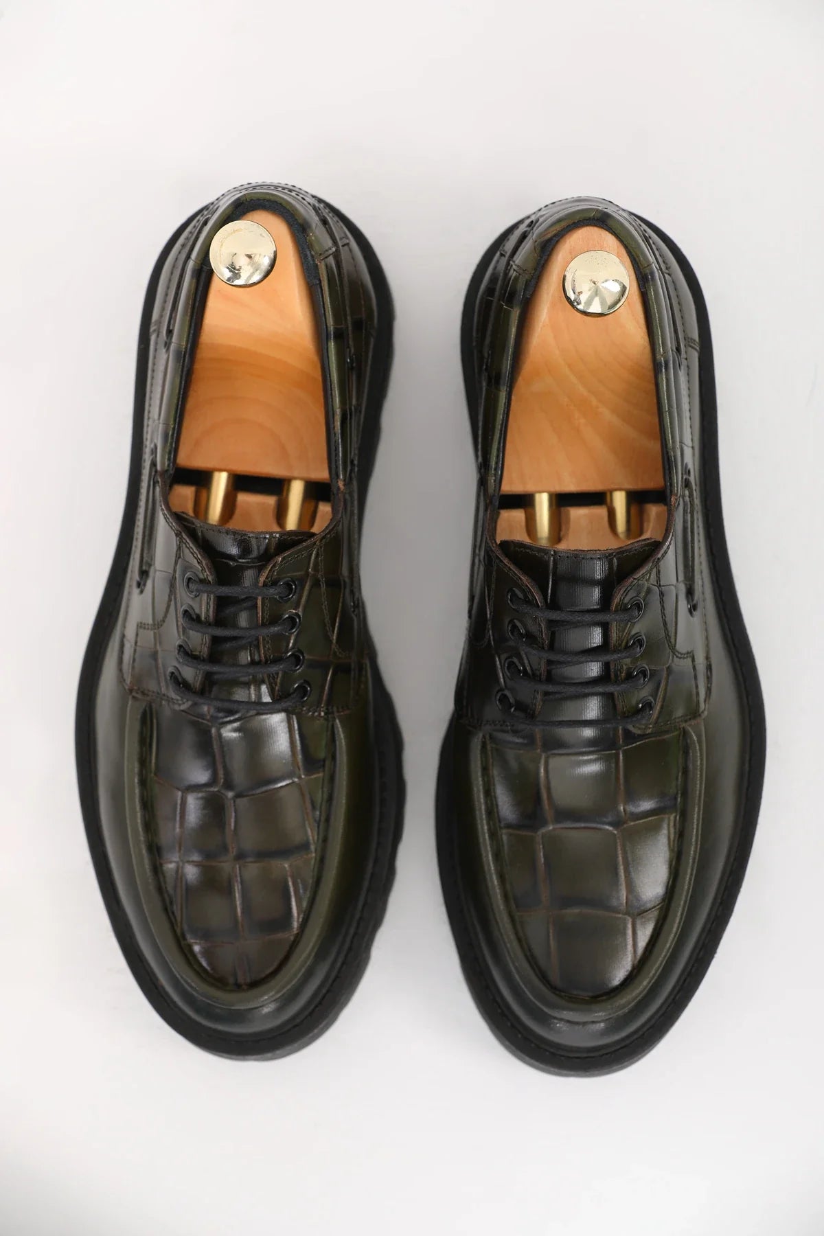 Olive Green Croc Derby Chunky Shoes