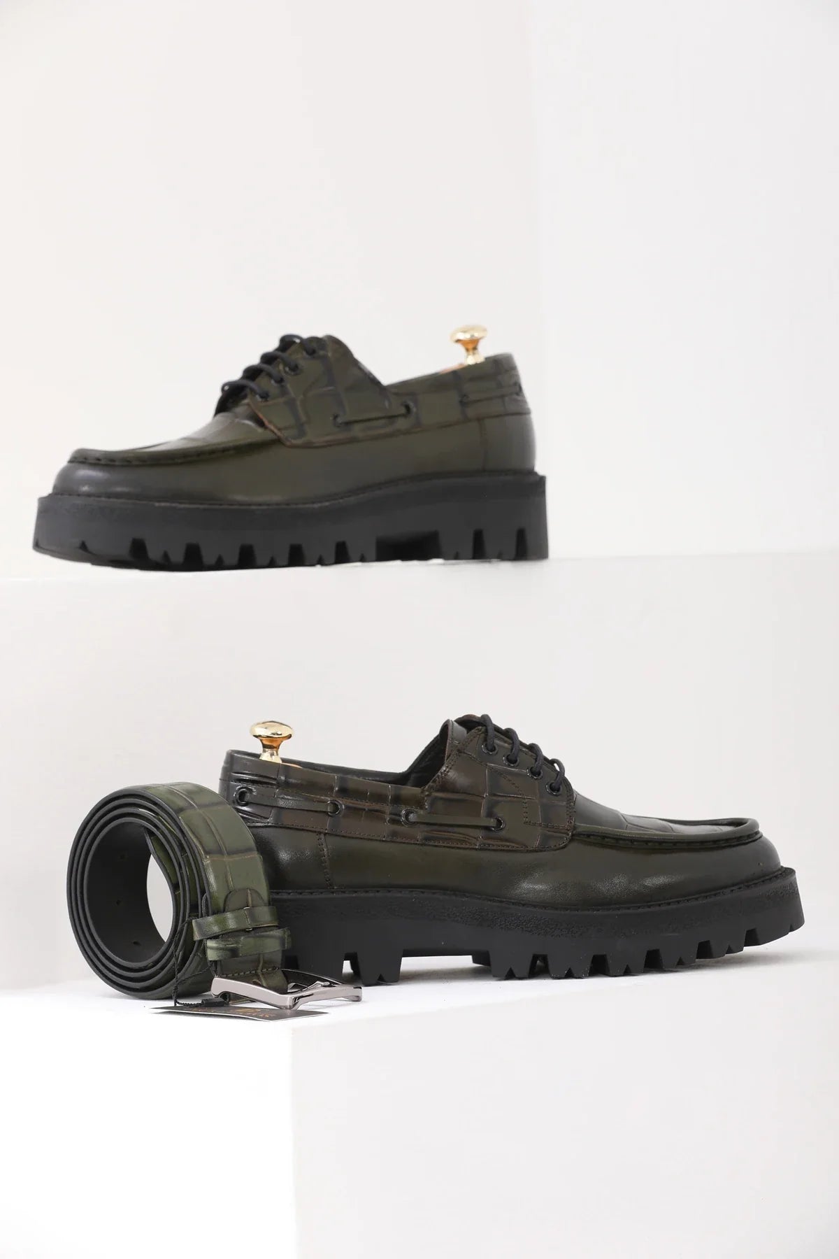 Olive Green Croc Derby Chunky Shoes