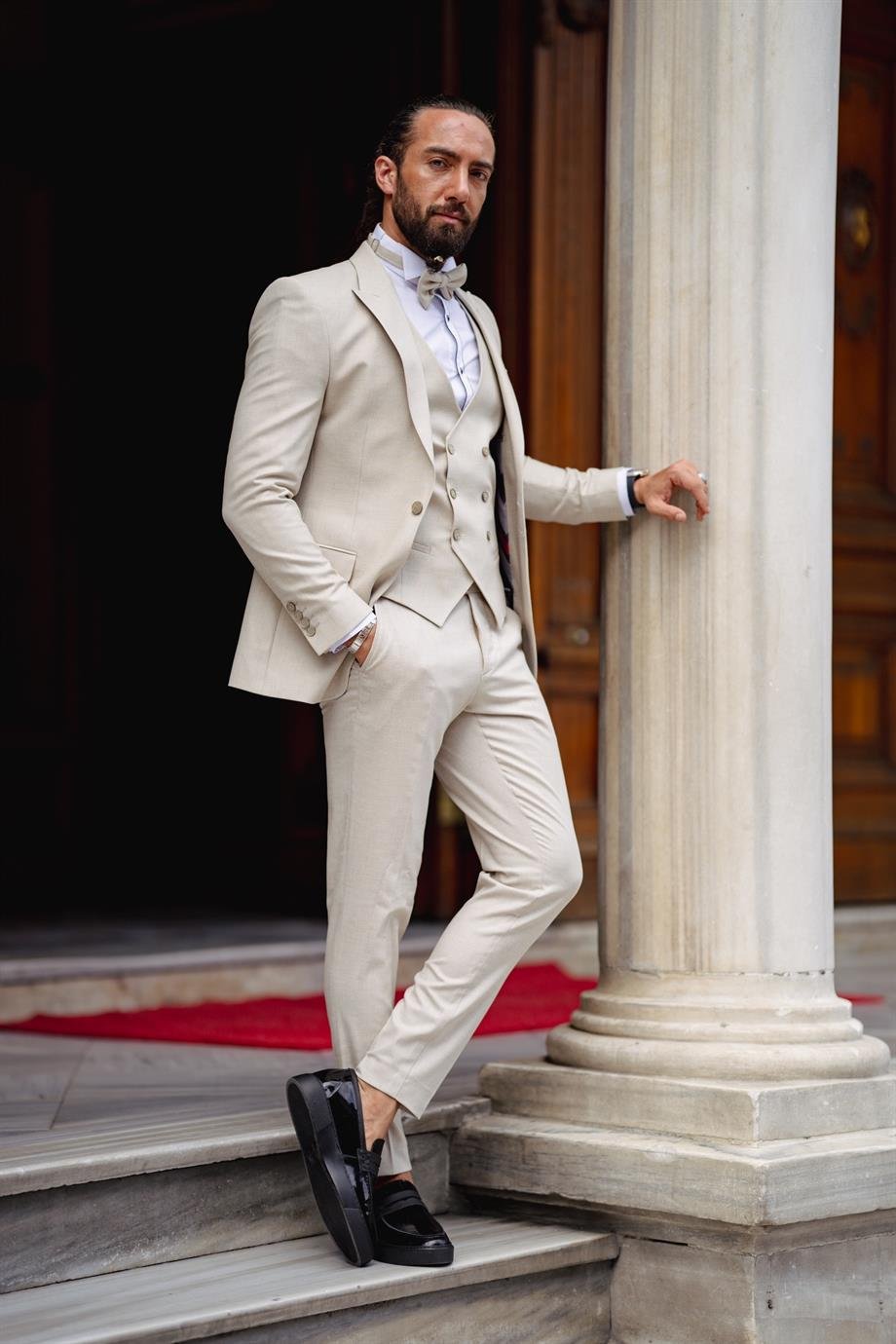 Beige Linen Fabric Wedding Suit