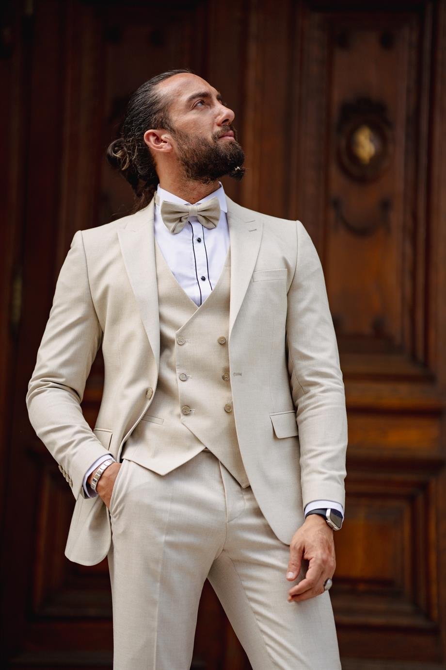 Beige Linen Fabric Wedding Suit