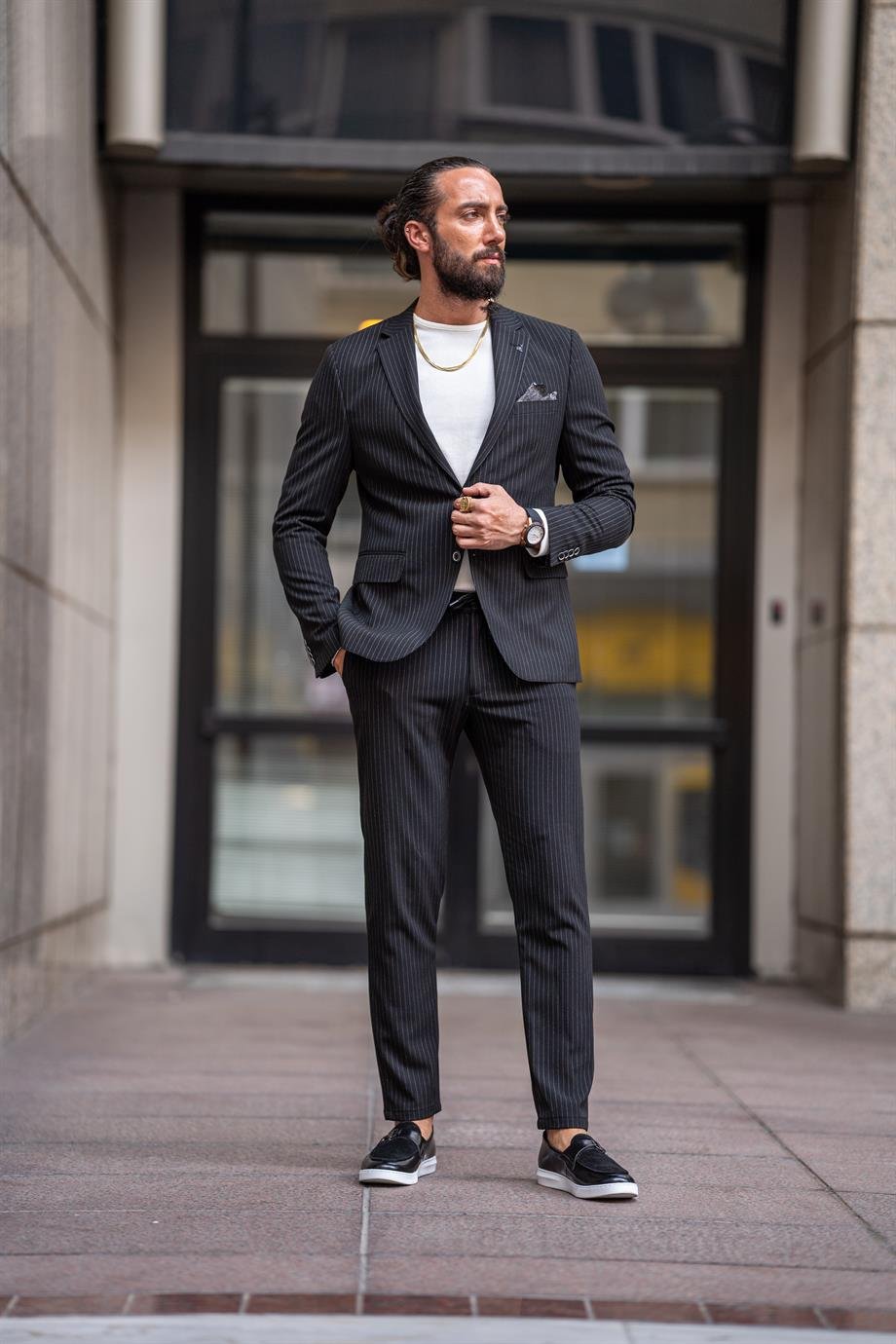 Black Striped Slim Fit Mono Collar Suit