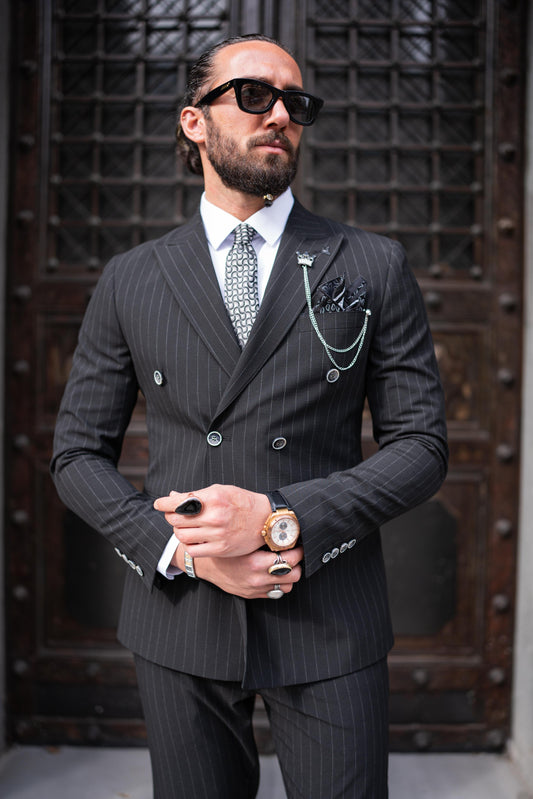 Black Striped Double Breasted Slim Fit Suits