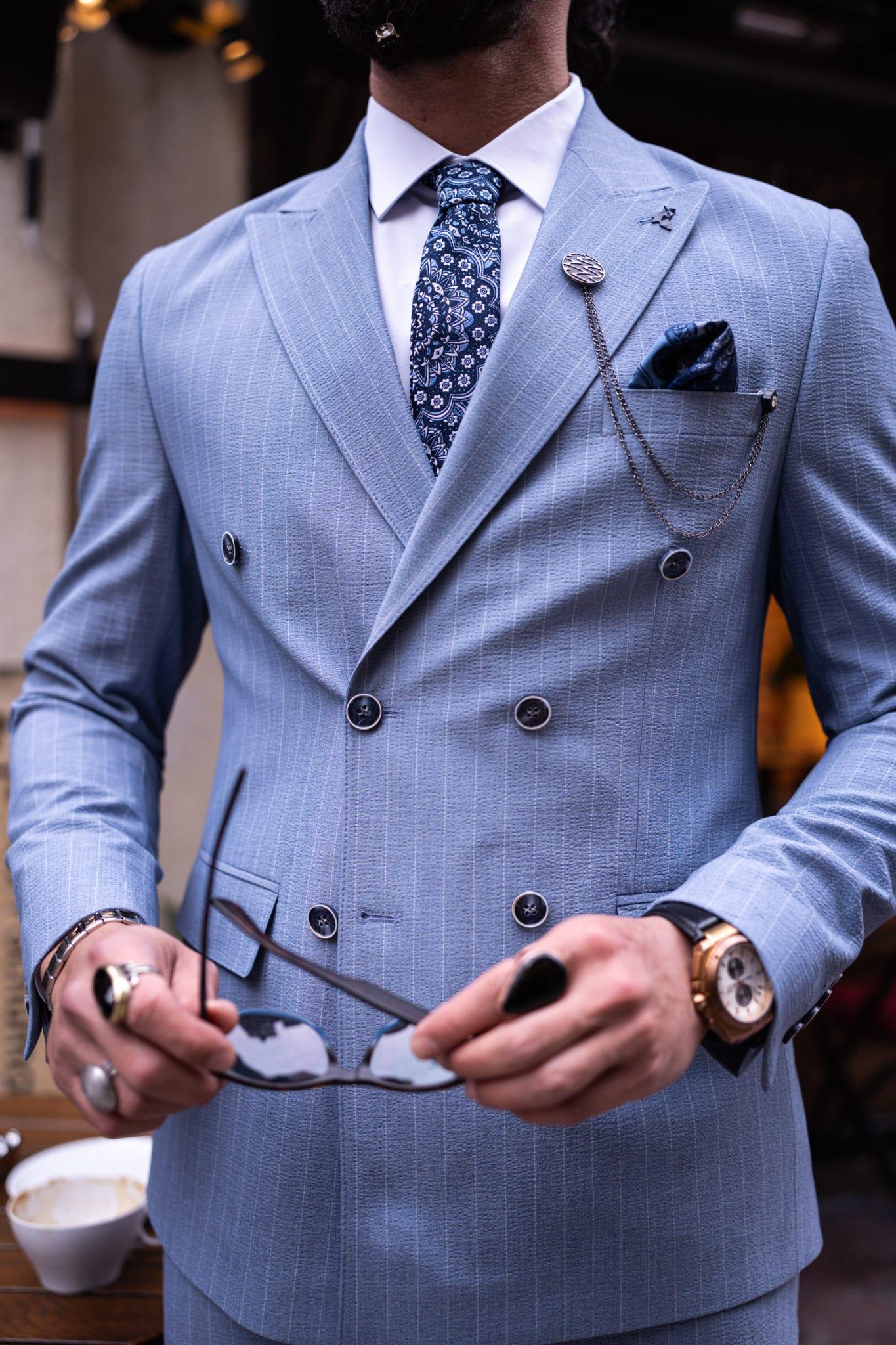 Blue Striped Double Breasted Slim Fit Suits