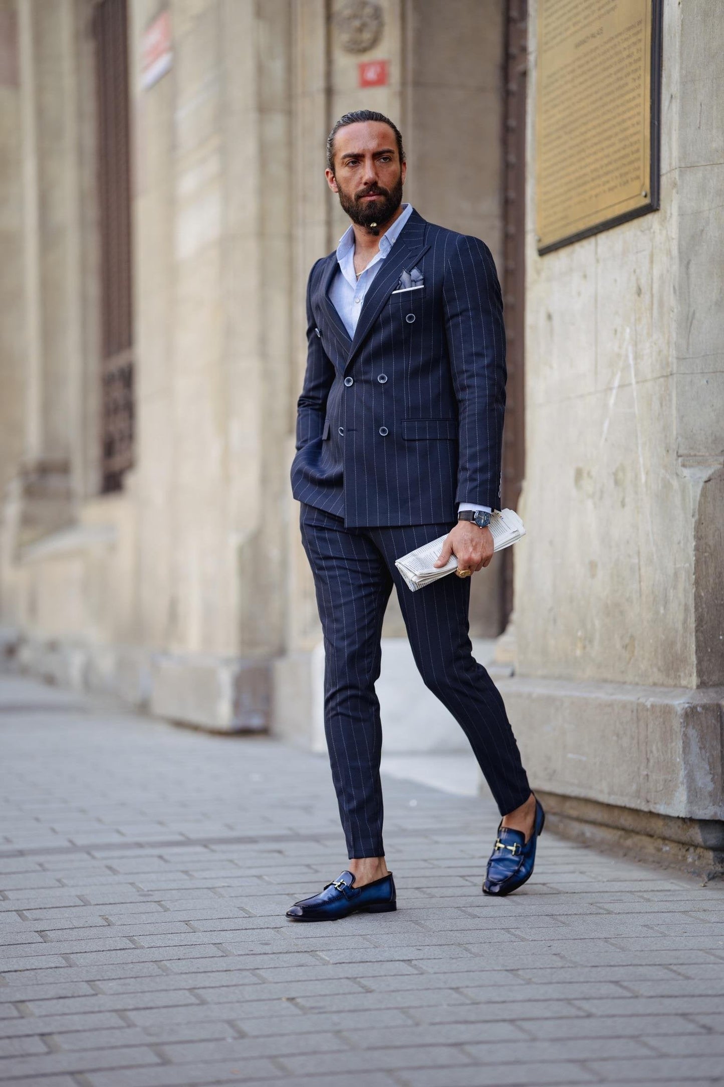 Navy Blue Double Breasted Pointed Collar