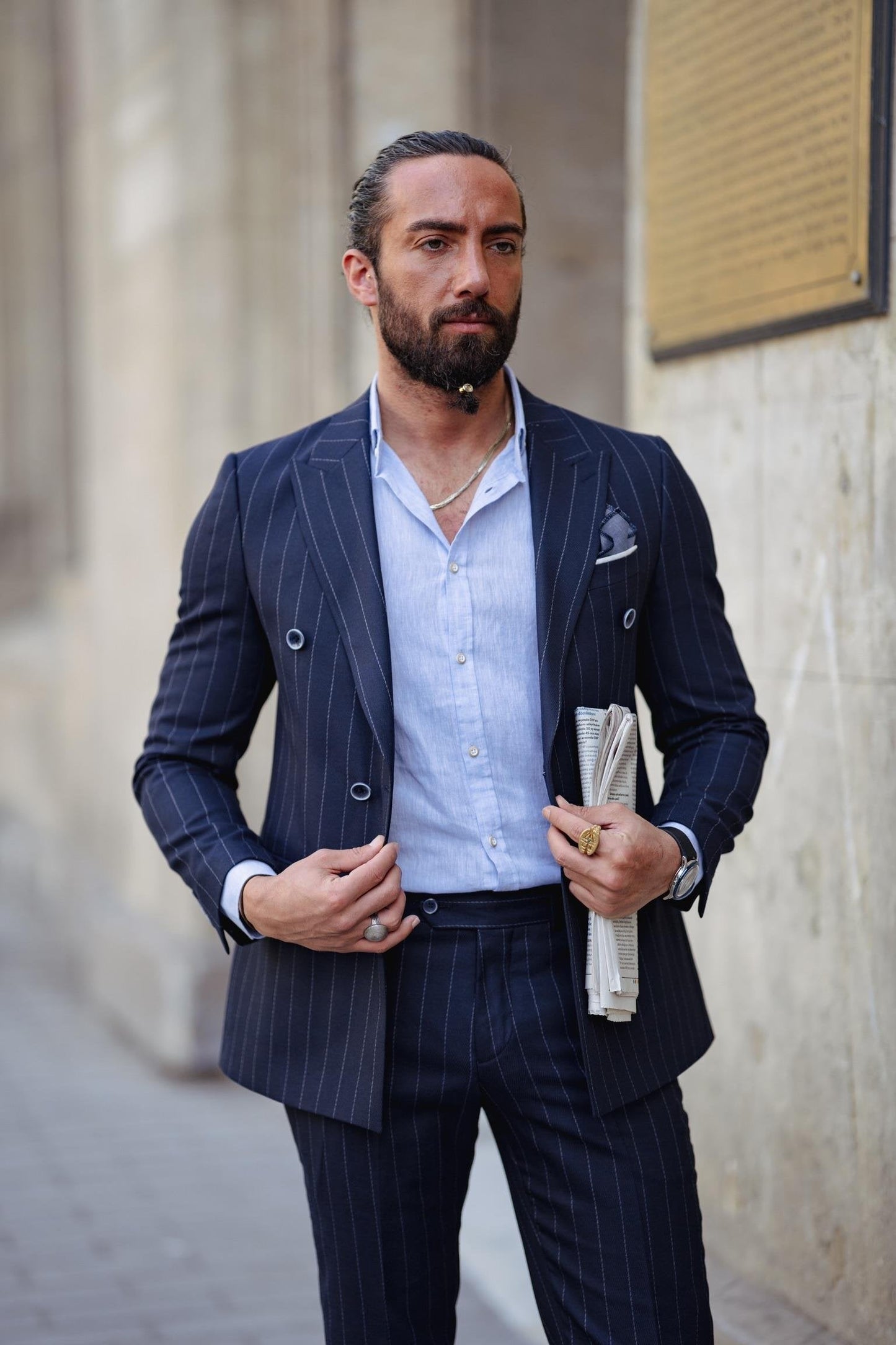 Navy Blue Double Breasted Pointed Collar