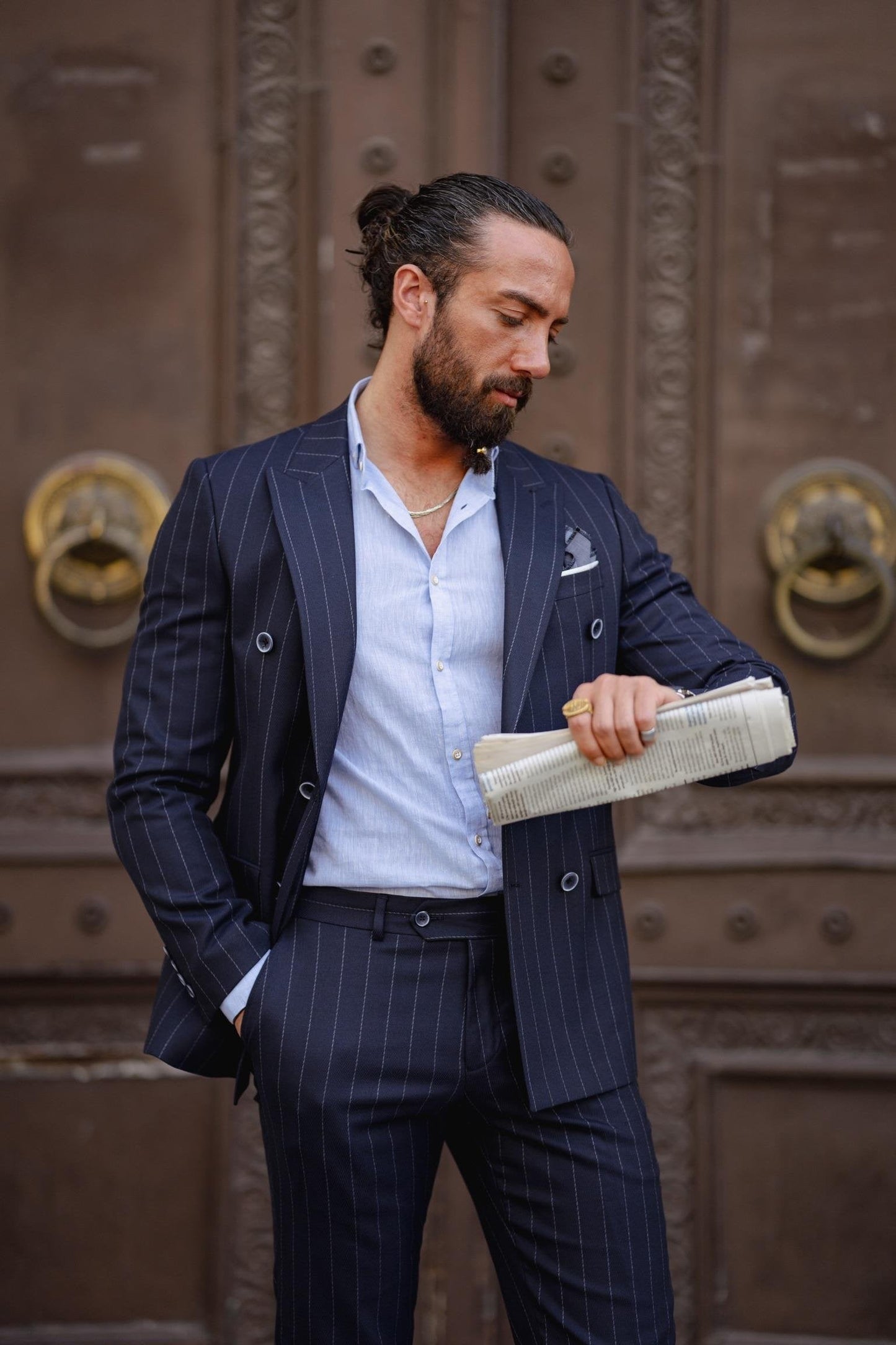 Navy Blue Double Breasted Pointed Collar
