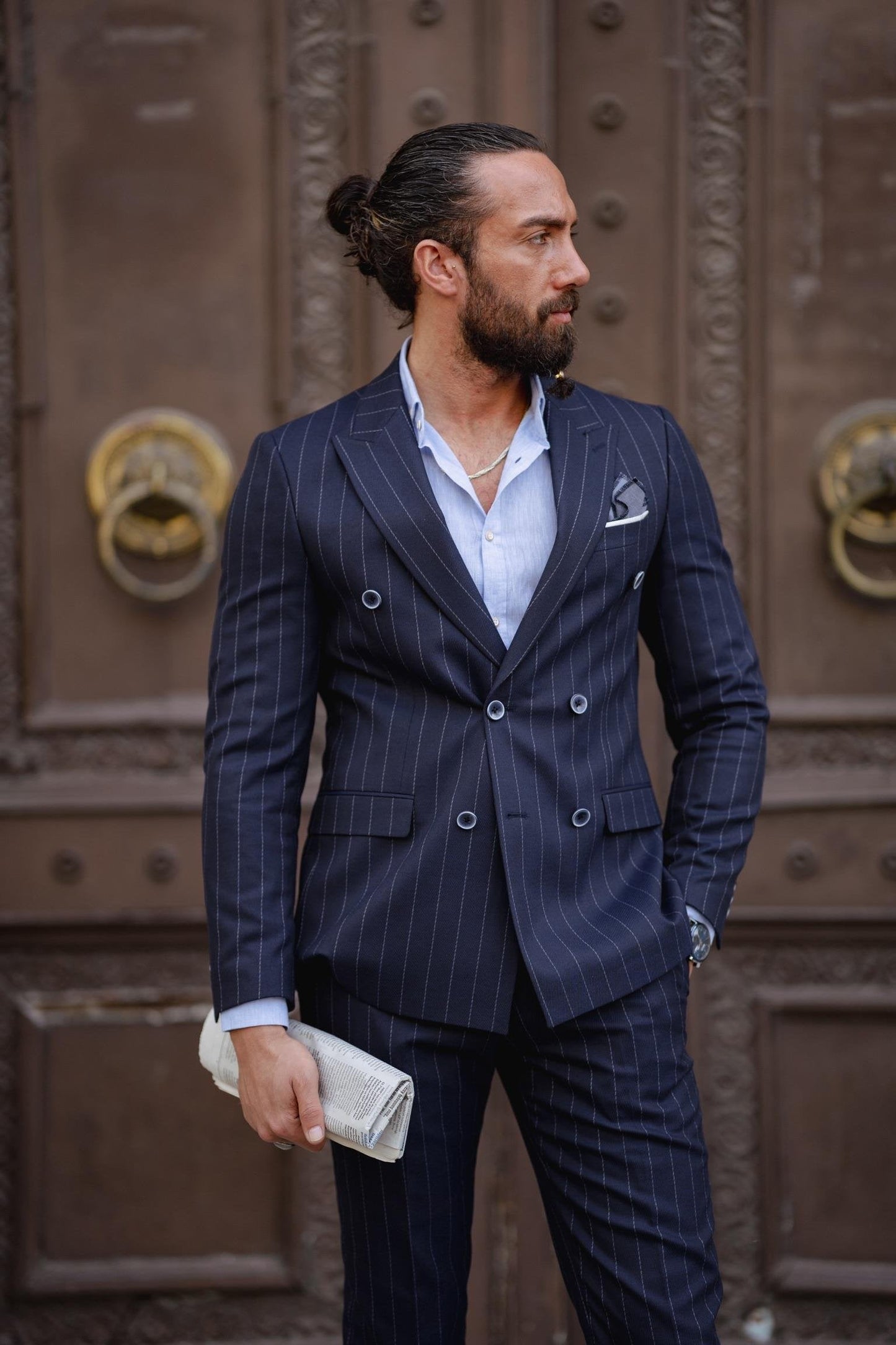 Navy Blue Double Breasted Pointed Collar
