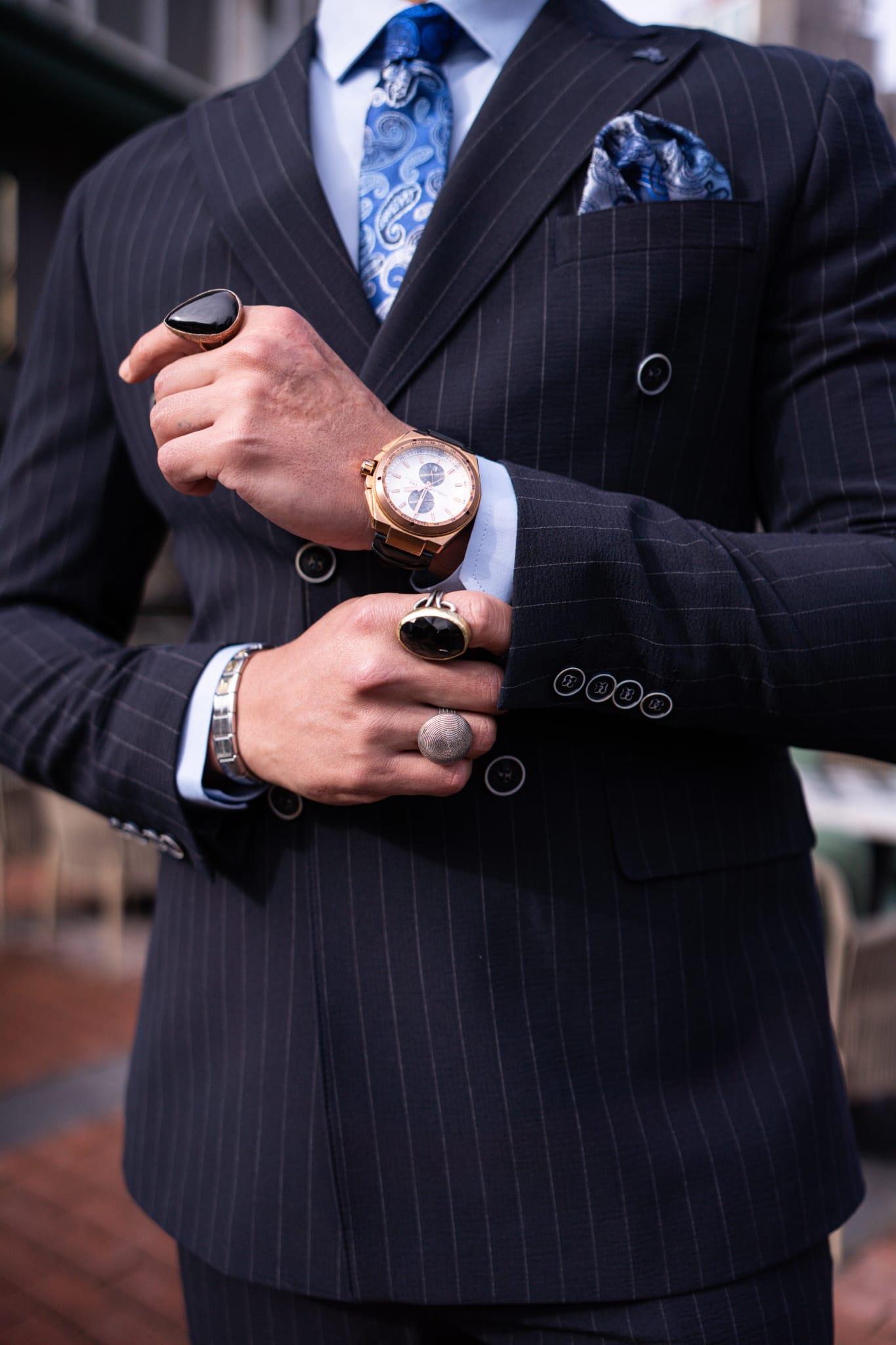 Navy Blue Striped Double Breasted Slim Fit Suits