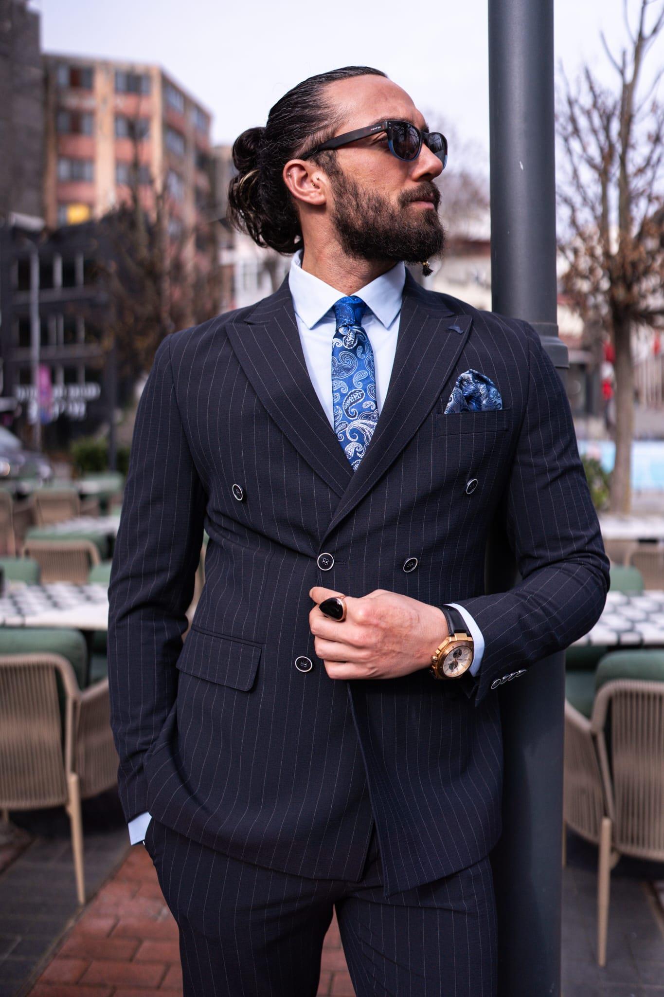 Navy Blue Striped Double Breasted Slim Fit Suits