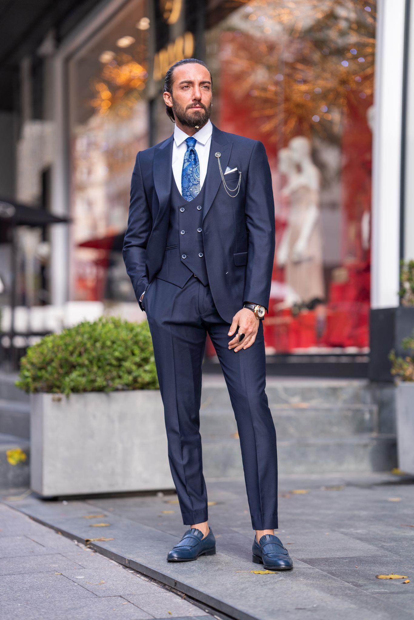 Navy Blue 3 Piece Mono Collar Suit