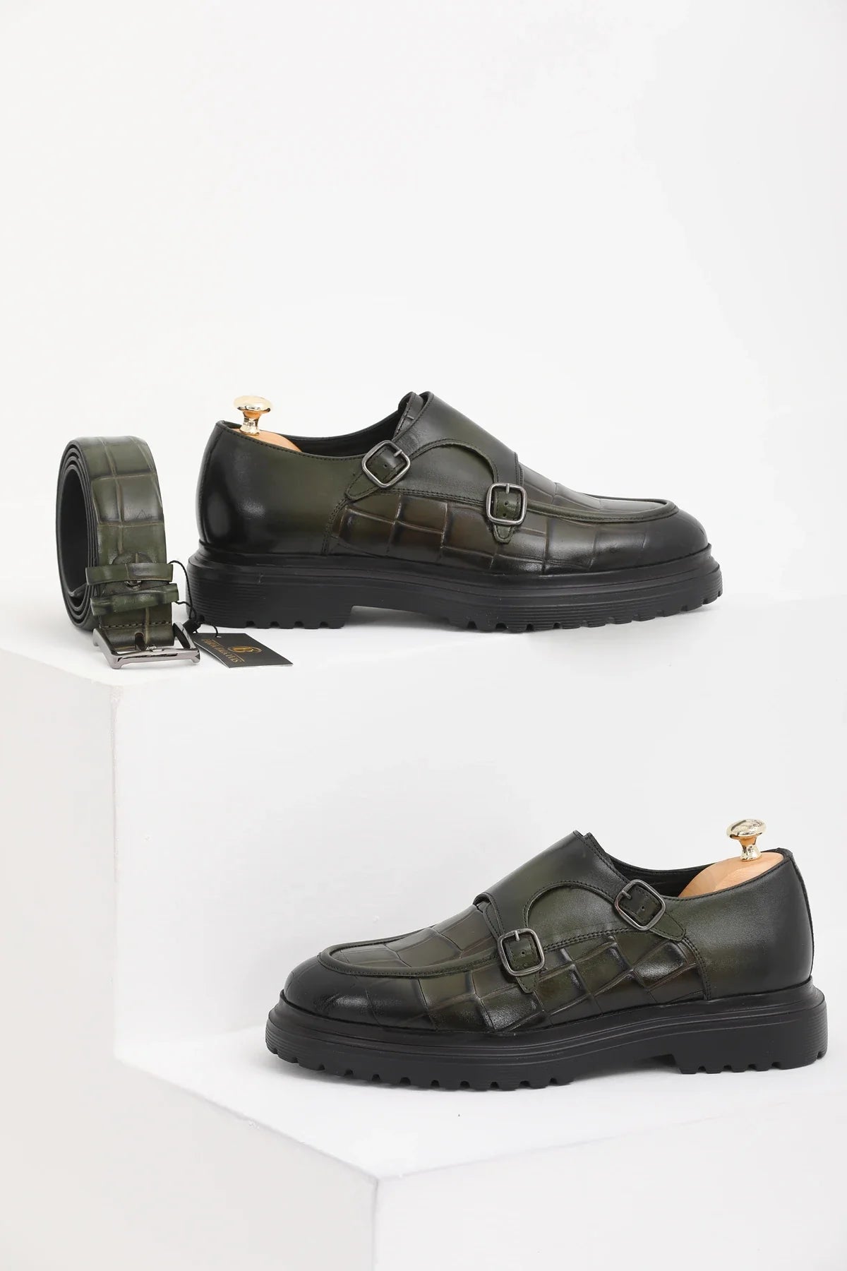 Olive Green Calf Croc Double Monk Chunky