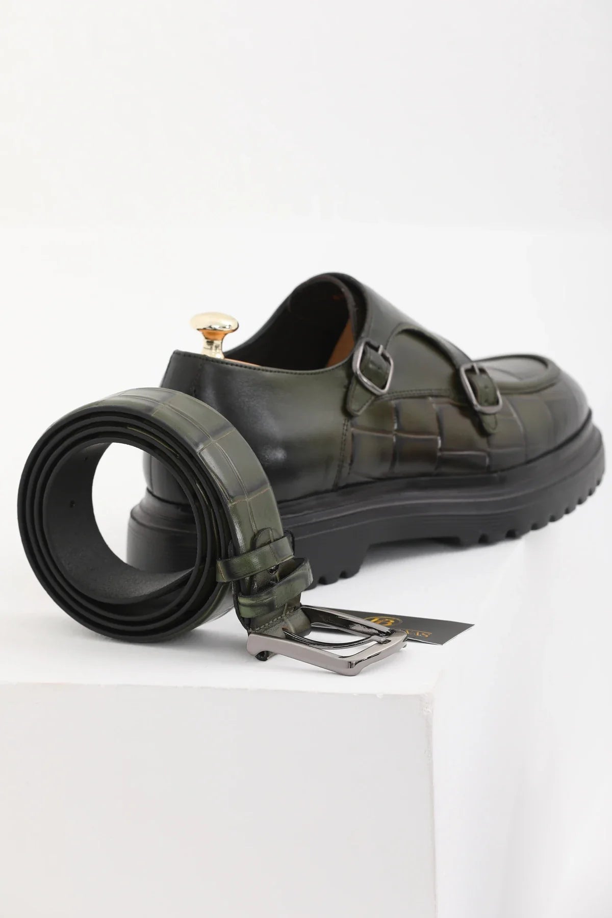 Olive Green Calf Croc Double Monk Chunky