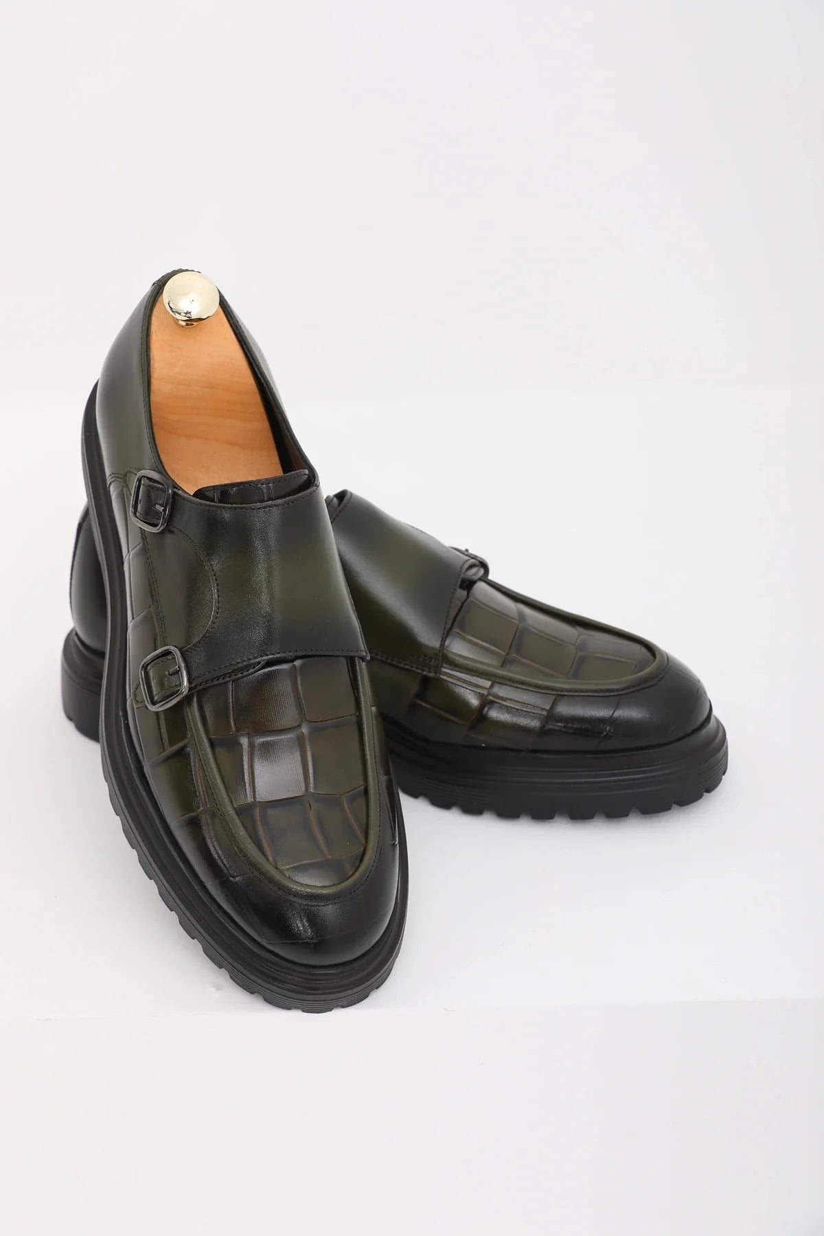 Olive Green Calf Croc Double Monk Chunky