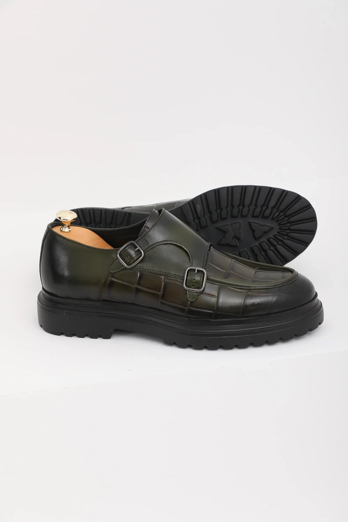 Olive Green Calf Croc Double Monk Chunky