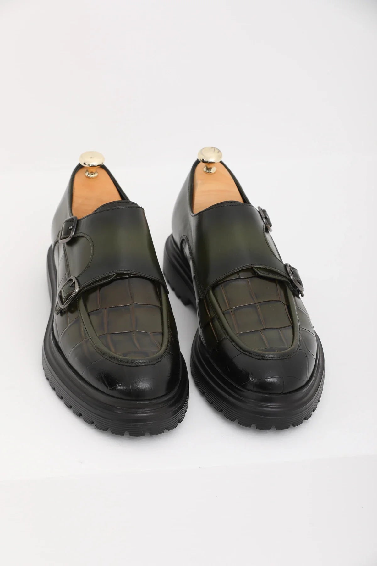 Olive Green Calf Croc Double Monk Chunky
