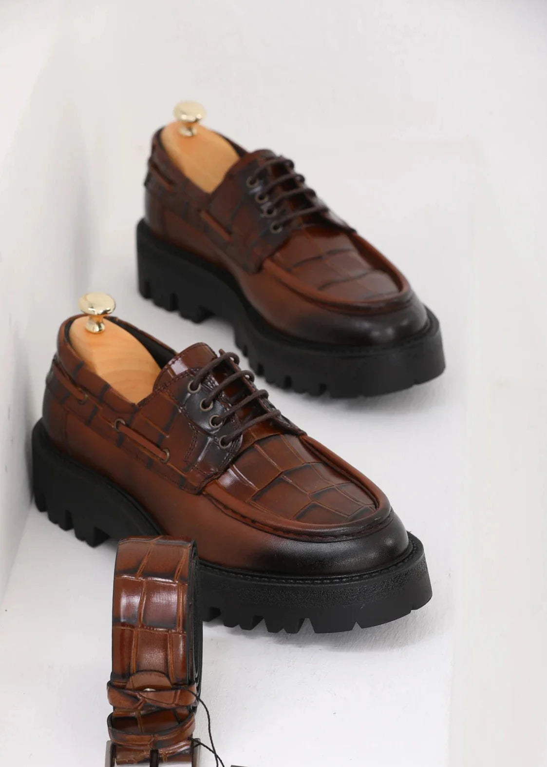 Brown Shaded Croc Derby Chunky Shoes